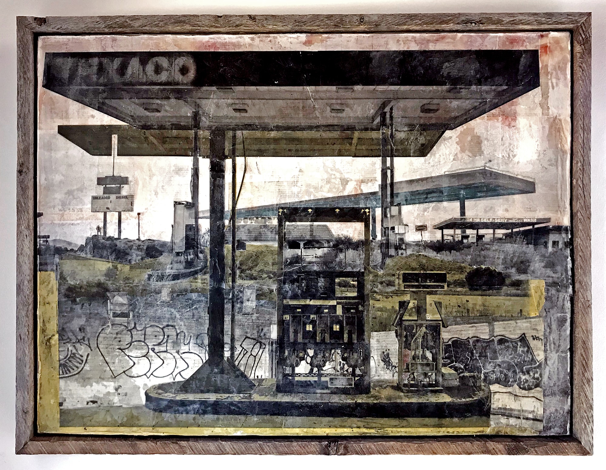 Assemblage series — Gas Station #5, mixed media encaustic wax photography by Helen K. Garber